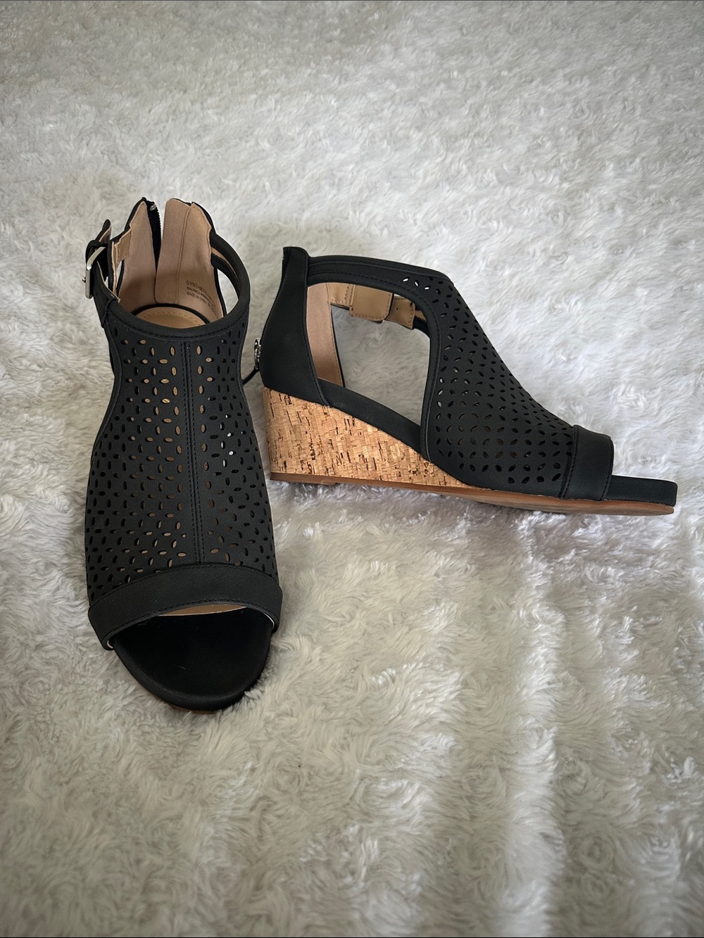 Women’s Black Perforated Open Toe Wedge Sandals